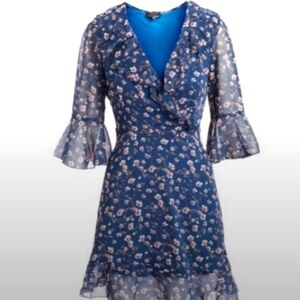 Lucy Paris Blue Floral V-neck Bell Sleeve Ruffle Trim Mini Dress Womens Size XS